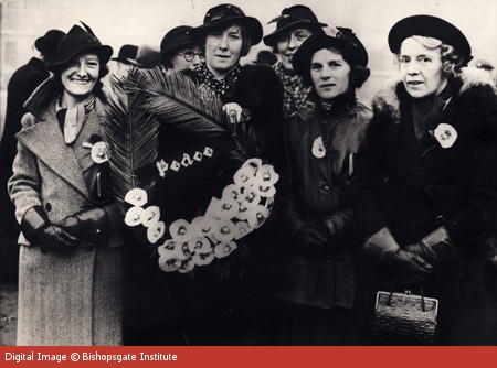 Members of the Cooperative Womens Guild, which launched the white poppy in 1926, with a wreath, some time in the 1930s.